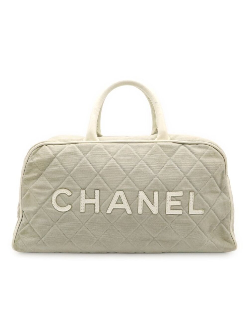 Chanel Sports Line Quilted Logo Mini Boston Bag Canvas Leather Light Gray White